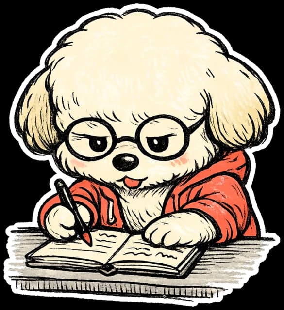 Coco, a fluffy white dog in round glasses and a coral hoodie, writing in a notebook