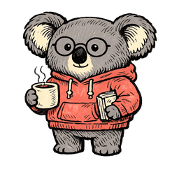 Frosty the koala in a coral hoodie with a mug — calm on purpose