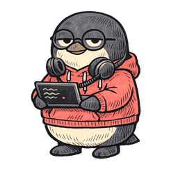 Zi the penguin in a black tee with headset — the product engineer who cares how it ships