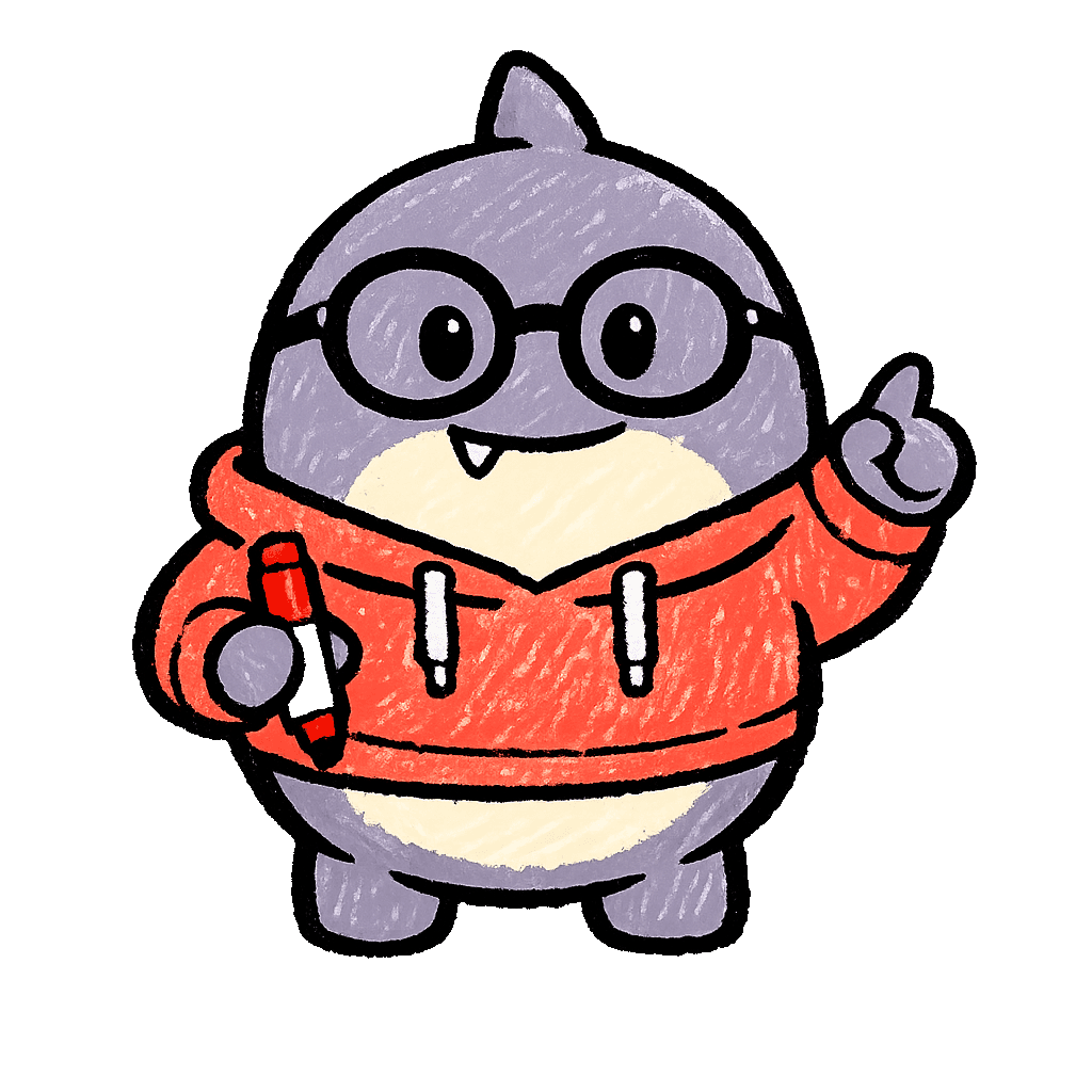 Fin, a great white shark in a coral hoodie, at a whiteboard